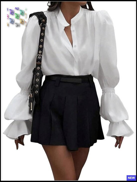 Tops - Puff Sleeve Button Down Blouse Vintage Loose Fit Dressy Casual Top
